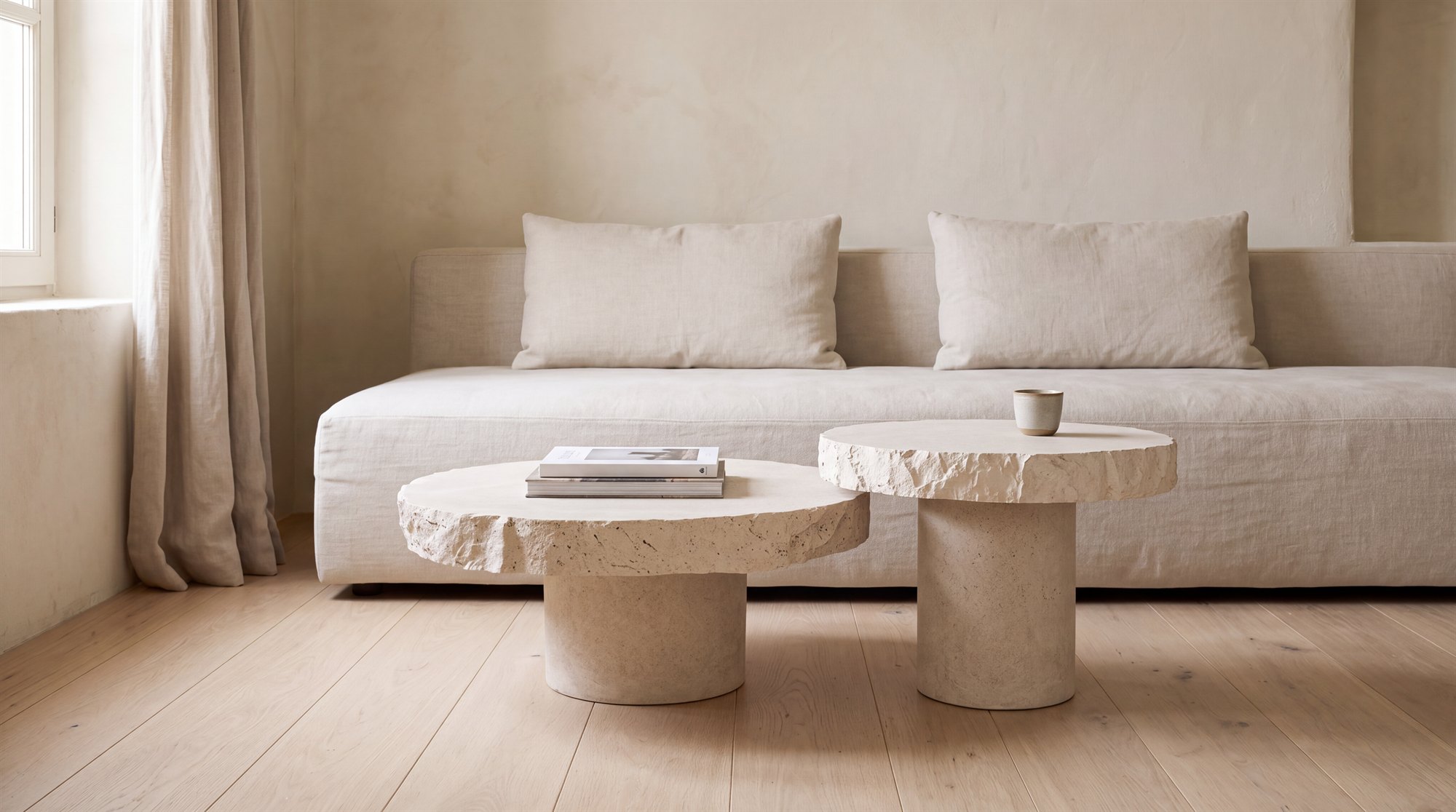 CIVITAS LÁPIS side tables in a living room, beside a sofa in natural light.