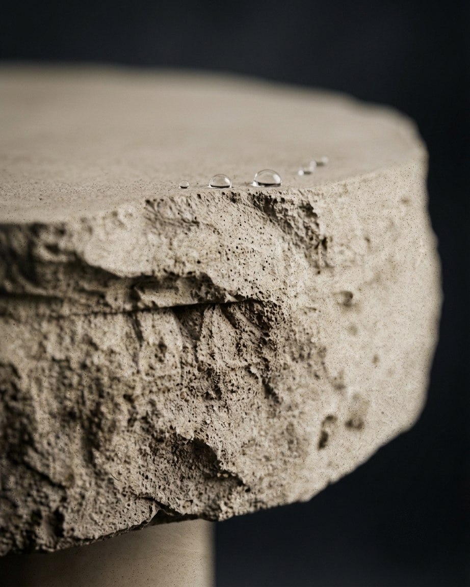 Close-up of the fractured edge of a CIVITAS LÁPIS CLIFF fiber-concrete top, water droplets on the raw surface, dark background.