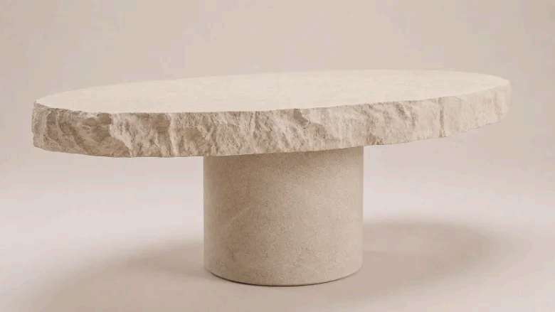 CIVITAS LÁPIS PETRA table, elongated raw-fractured elliptical top on a cylindrical concrete drum, Avorio finish.