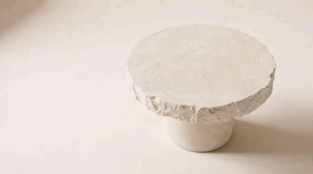 CIVITAS LÁPIS STRATA coffee table, raw-fractured circular top on a cylindrical concrete drum, Avorio finish.